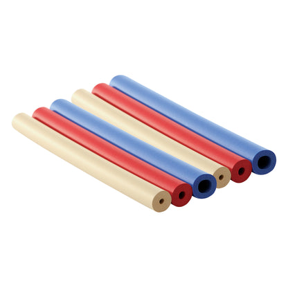 Color-Coded Handle Foam Set with six foam grips in blue, red, and beige, designed for improved comfort and grip.