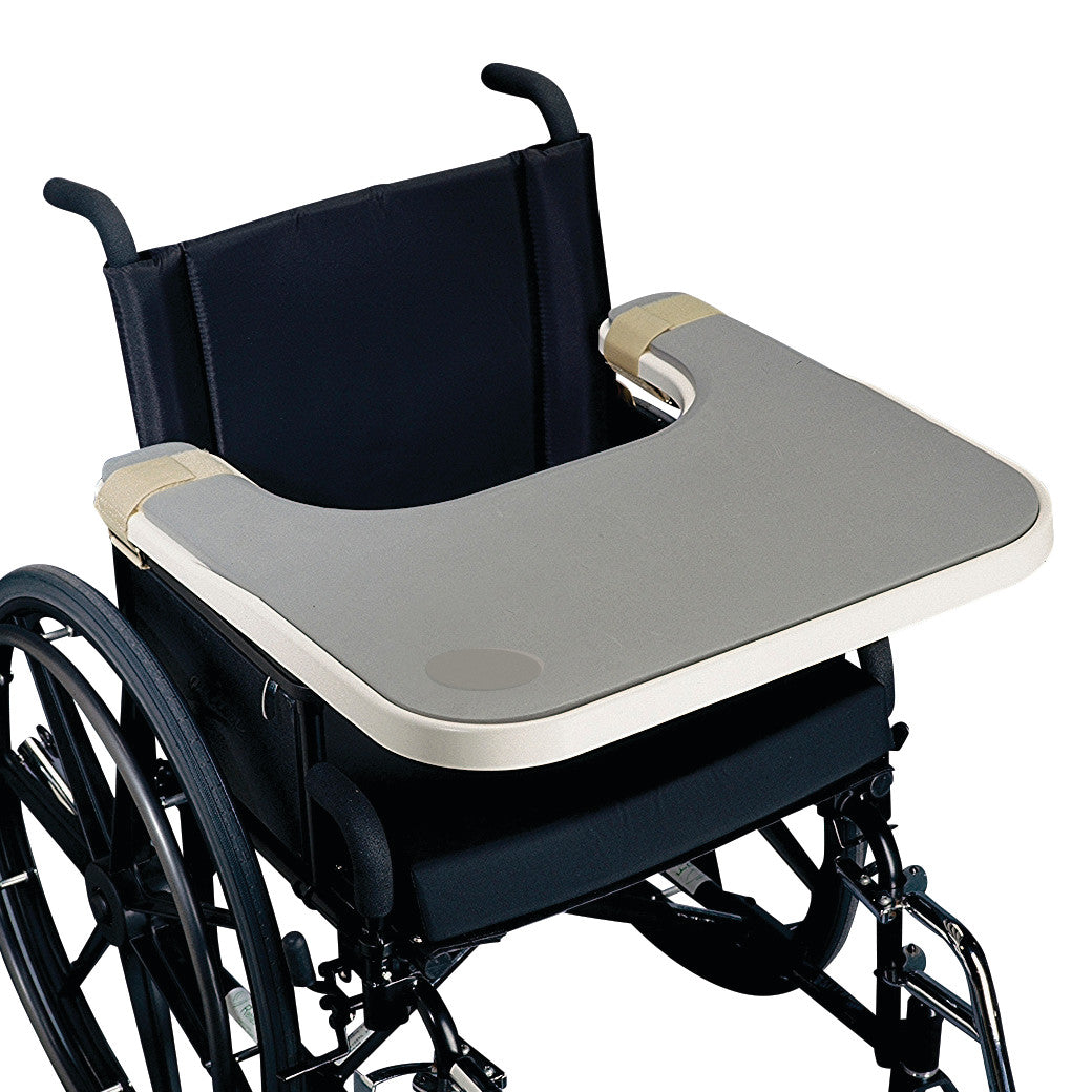 A wheelchair with an Economy Molded Tray attached, featuring a contoured shape and beige edging.