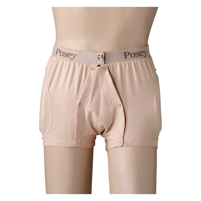 Posey Hipsters Incontinence Brief with button fastenings on a mannequin, featuring a soft elastic waistband labeled \"Posey.\"
