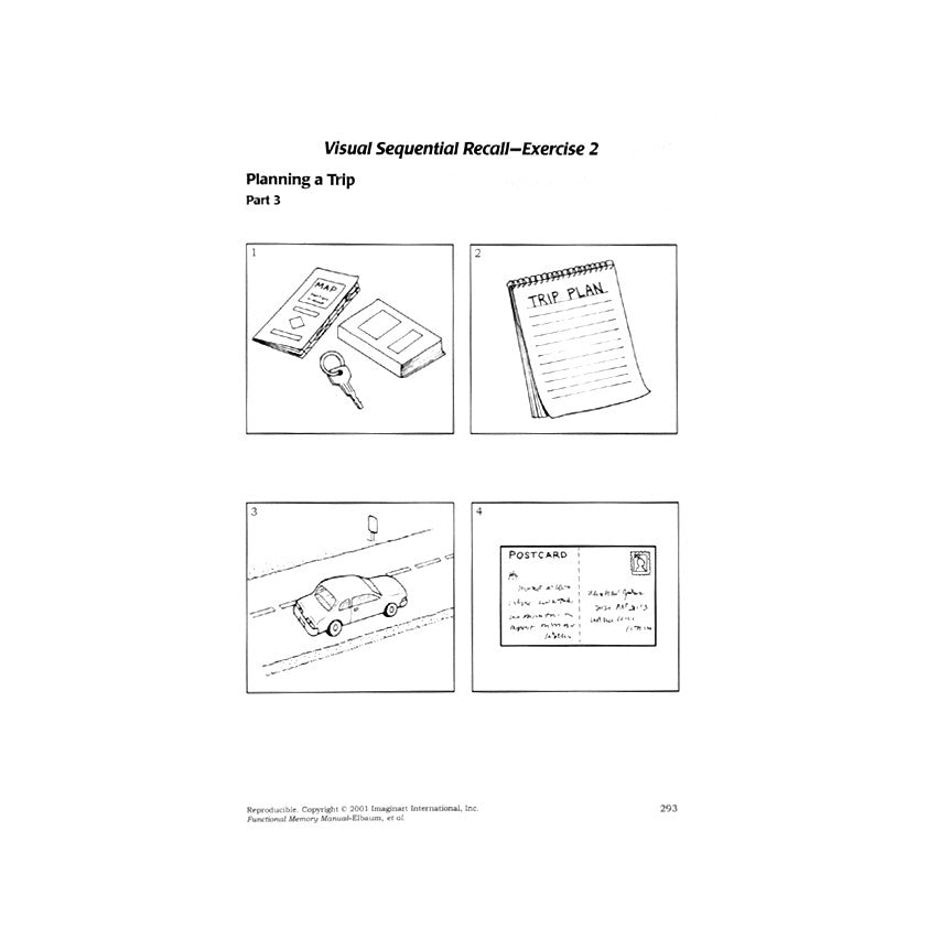 "A visual exercise from the Functional Memory Manual shows a trip sequence: items, trip plan, car on road, and a postcard."