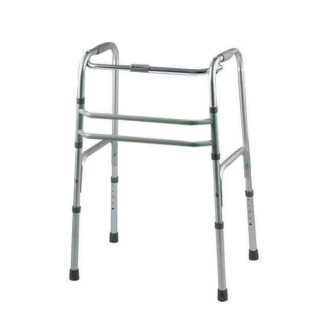 The Lumex Dual-Release Folding Walker is a sturdy, metal mobility aid with adjustable legs and a convenient folding mechanism.