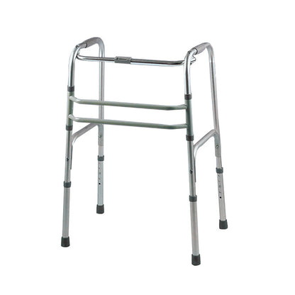 The Lumex Dual-Release Folding Walker is a sturdy, metal mobility aid with adjustable legs and a convenient folding mechanism.