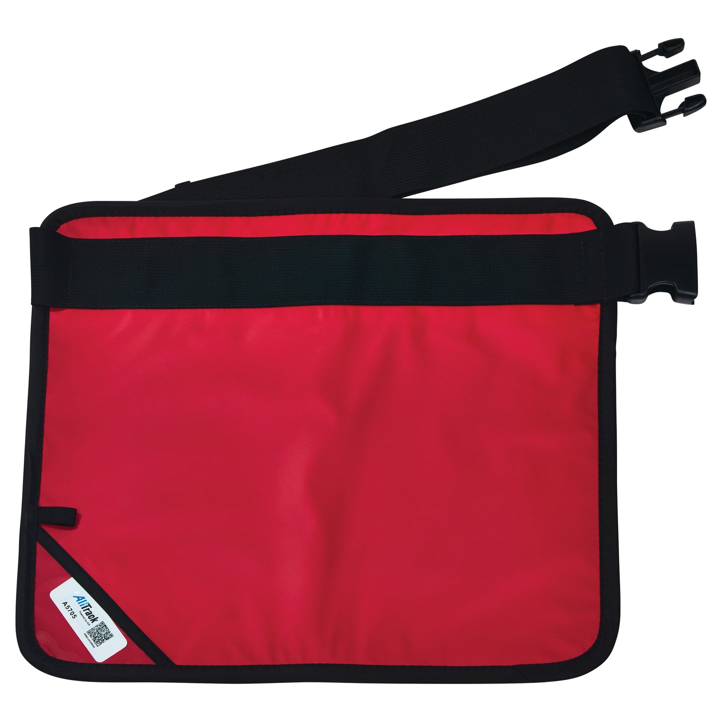 Red AliMed Mini Apron with a black adjustable strap and buckle, featuring a small label in the corner.