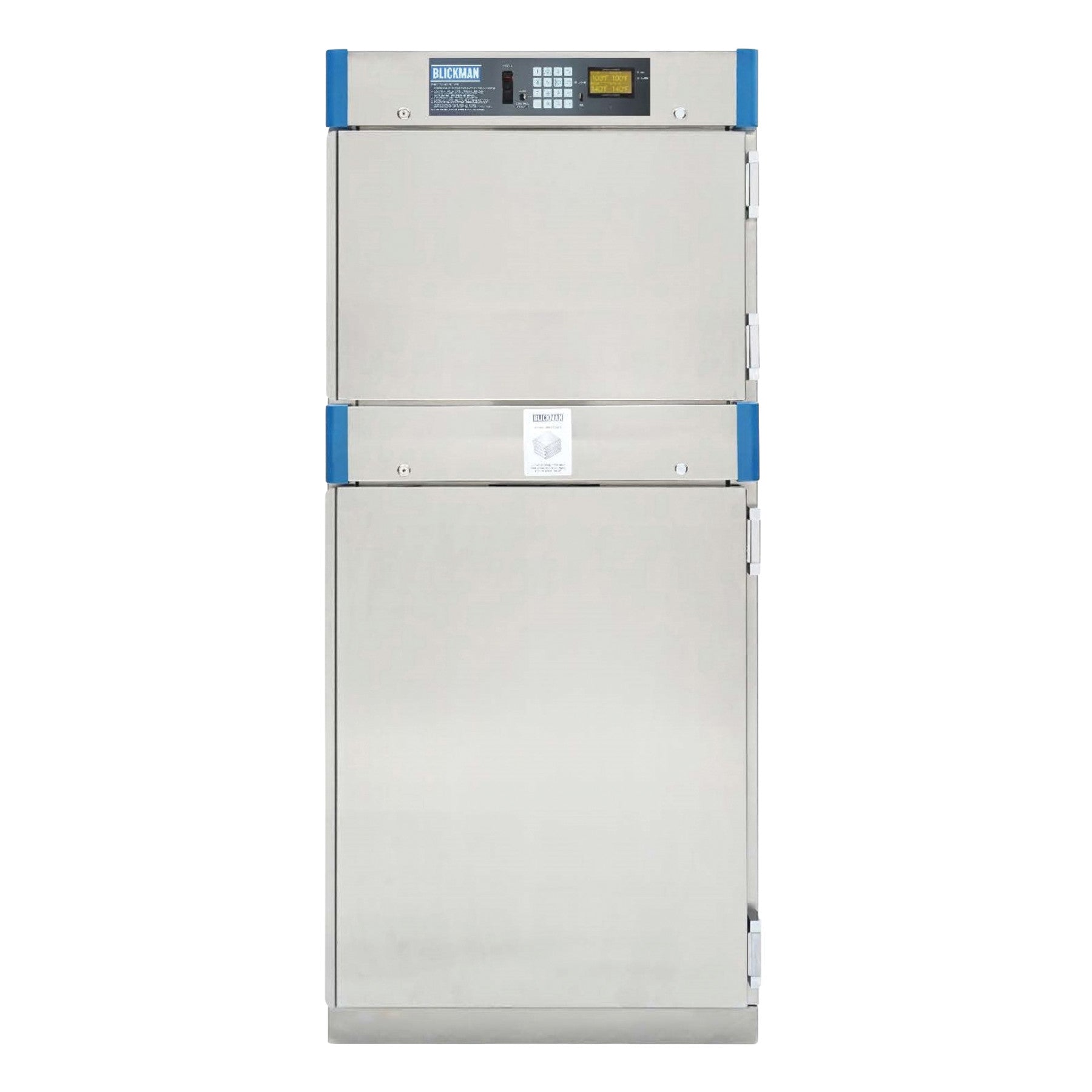 The Blickman 3-Shelf Digital Warming Cabinet is a stainless steel unit with a digital control panel and blue accent corners.