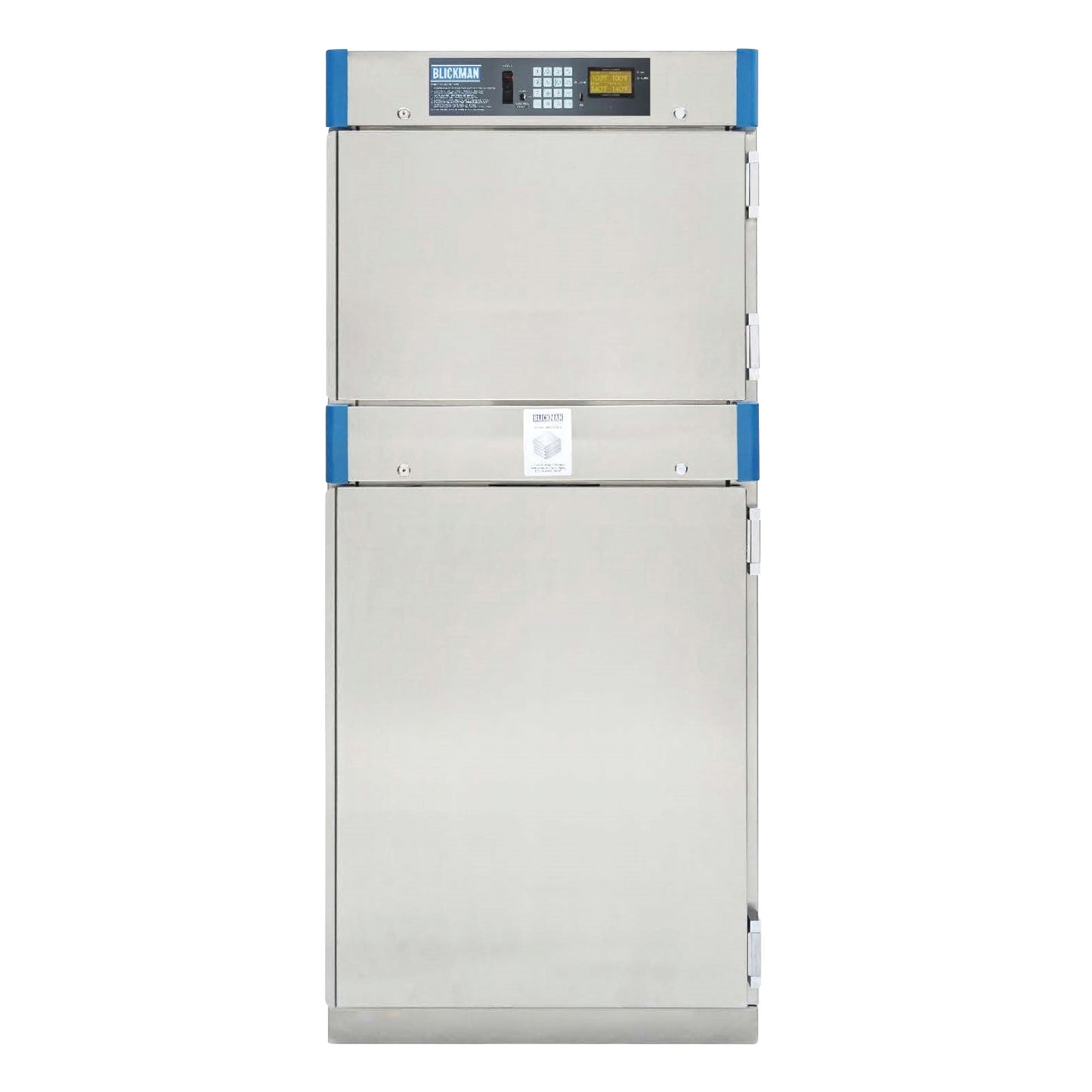 The Blickman 3-Shelf Digital Warming Cabinet is a stainless steel unit with a digital control panel and blue accent corners.