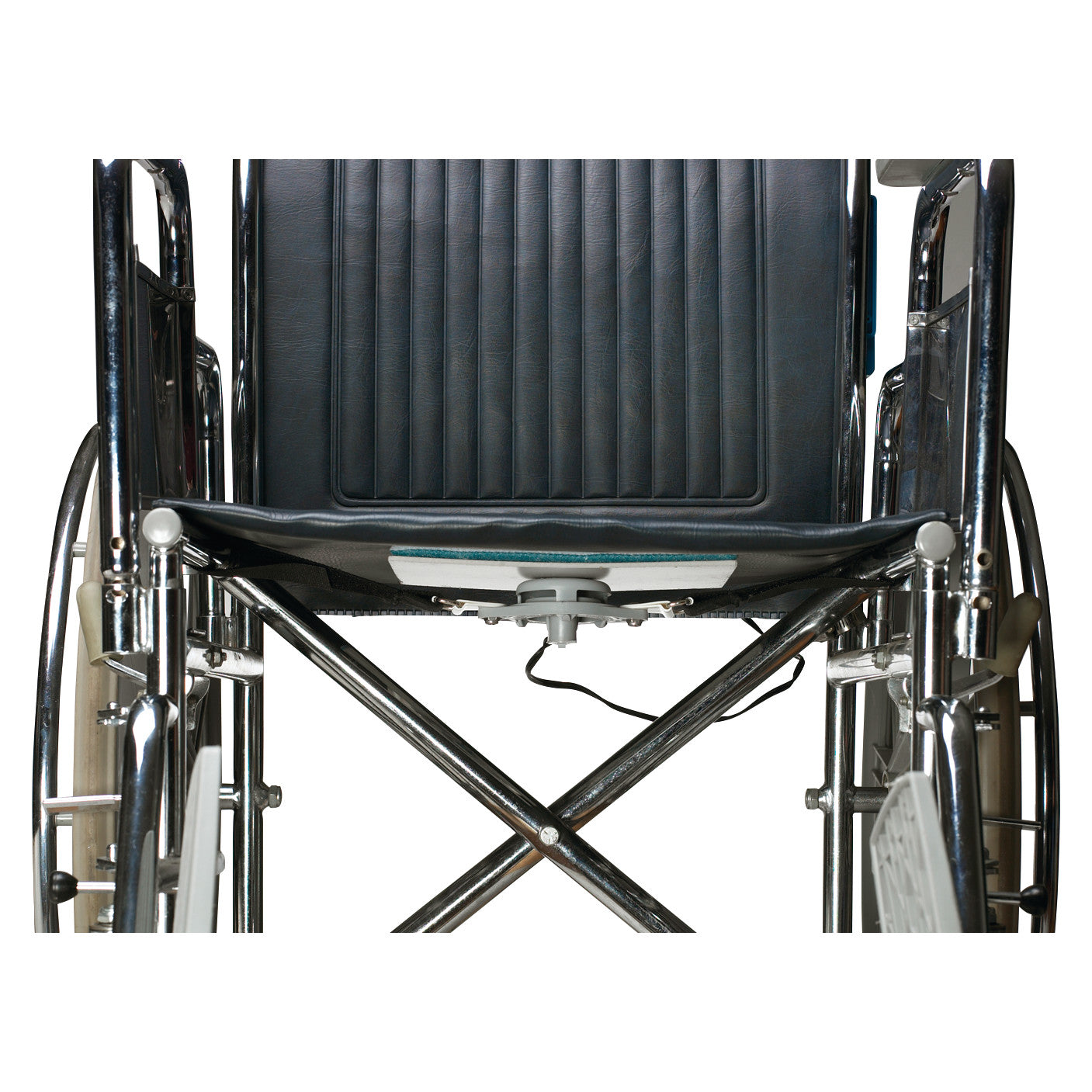A wheelchair with SkiL-Care ChairPro UnderSeat Alarm visible beneath the seat, featuring black upholstery and chrome frame.