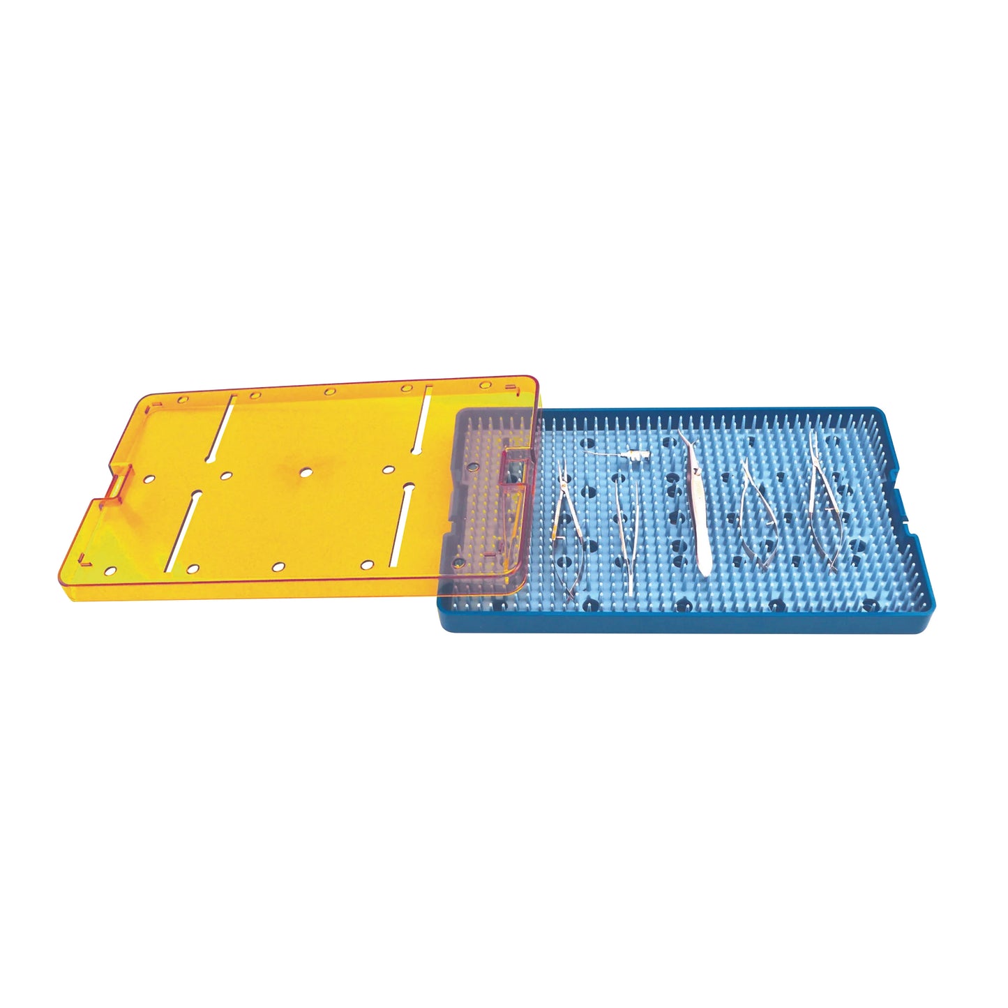 PST Plastic Instrument Sterilization Tray with a blue base holds surgical tools, featuring a transparent yellow lid beside it.