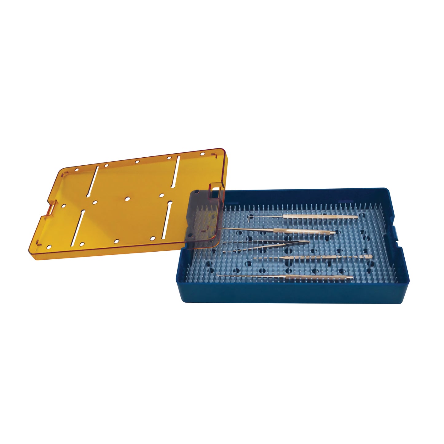 PST Plastic Instrument Sterilization Tray with a blue base and transparent yellow lid, containing various surgical instruments.