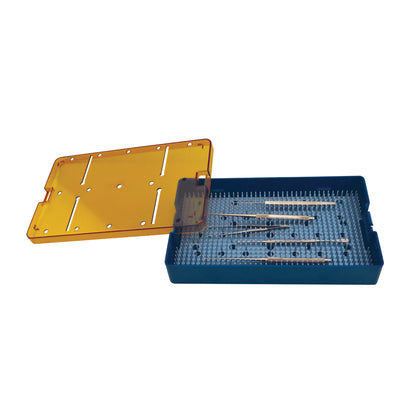 PST Plastic Instrument Sterilization Tray with a blue base and transparent yellow lid, containing various surgical instruments.