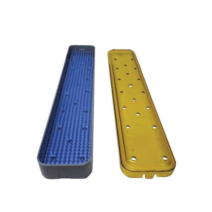 The PST Scope Sterilization Tray includes a blue base with a textured interior and a yellow perforated lid for medical use.