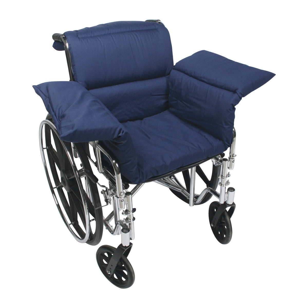 AliMed Wheelchair Comfort Seat, a blue padded cushion set, is fitted on a metal wheelchair, providing extra comfort and support.
