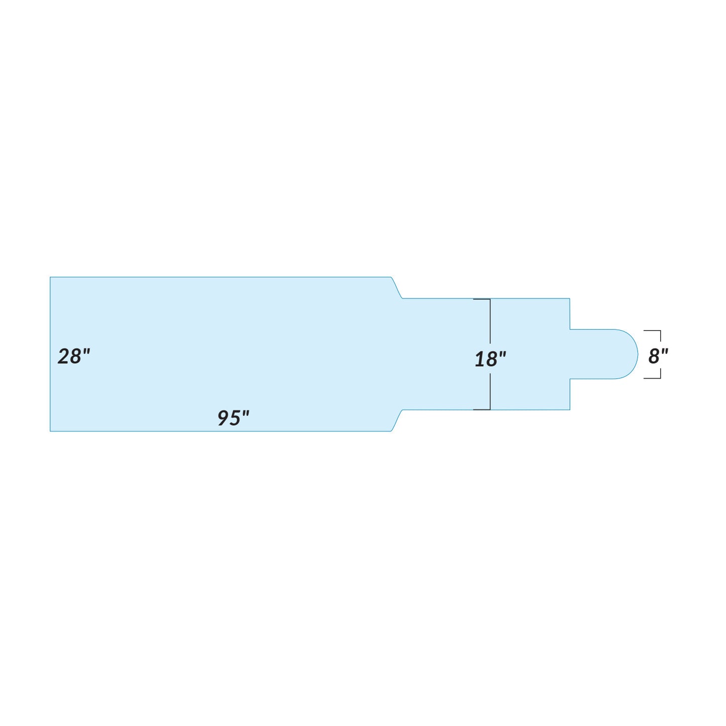Diagram of the Support Surface for GE LU Imaging Table with dimensions: 28" width, 95" length, 18" extension, 8" rounded end.