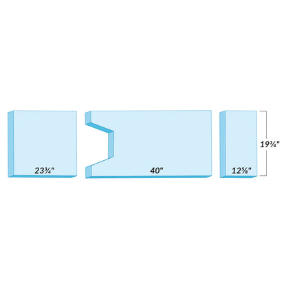 Three blue foam pieces with dimensions for the AliMed Support Surface for Skytron 3501B Surgical Tables, including angled cutouts.