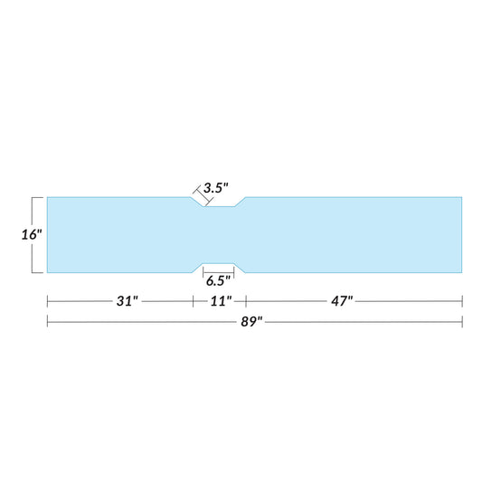 Diagram showing the AliMed Picker CT Table Pad. It is 89" long and 16" wide, with cutouts measuring 11" wide and 6.5" deep.