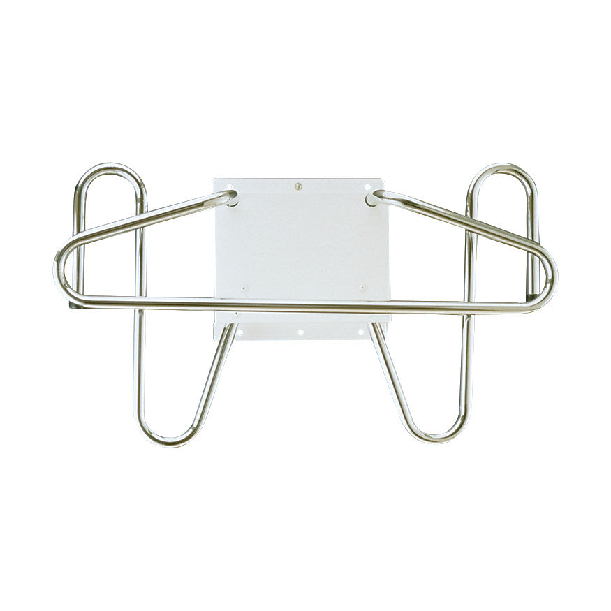 Heavy-Duty Apron and Glove Wall Rack with metal frame and hooks, designed for hanging aprons and gloves, mounted on a wall.