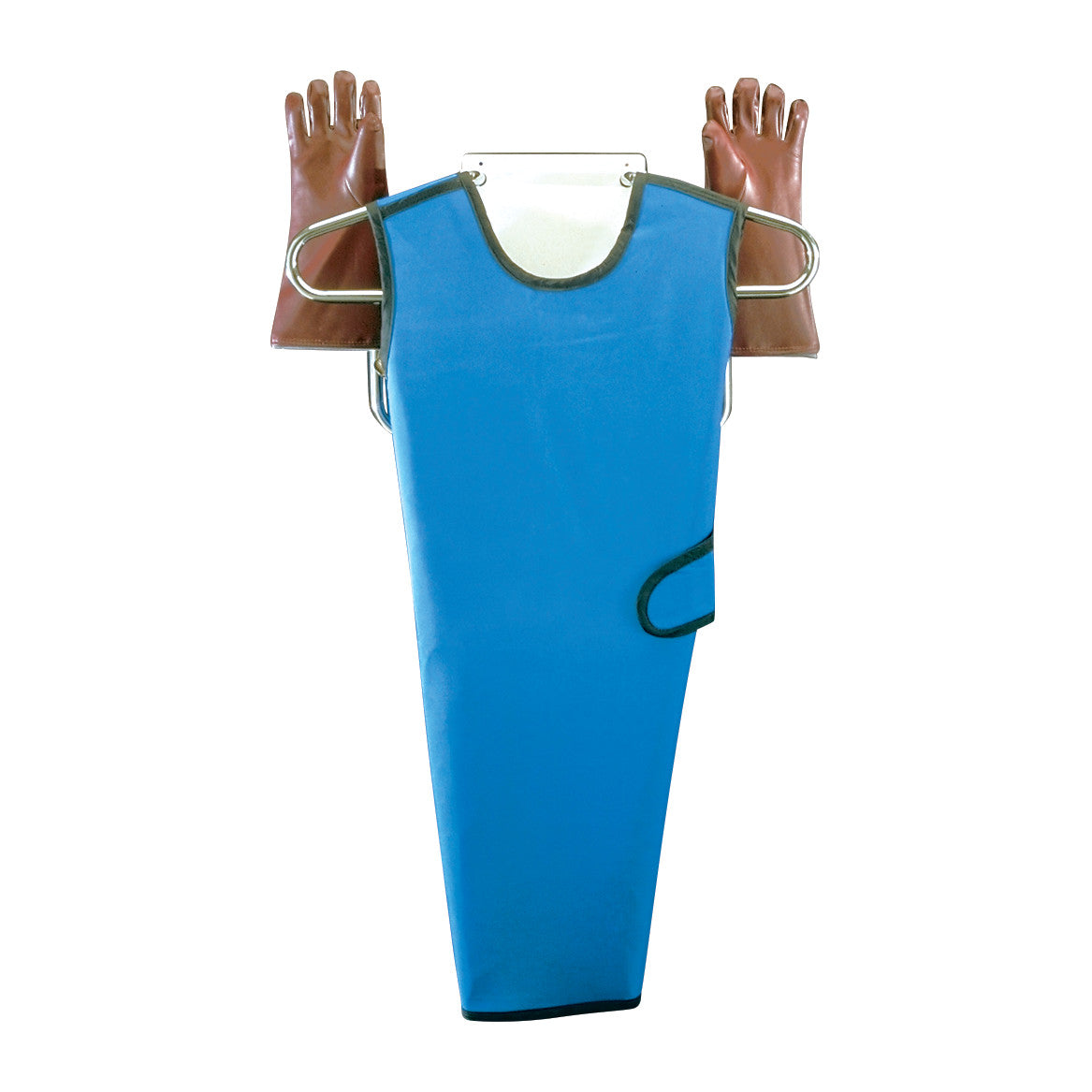 Heavy-Duty Apron and Glove Wall Rack displays a blue apron and pair of brown gloves, each hanging on a metal rack.