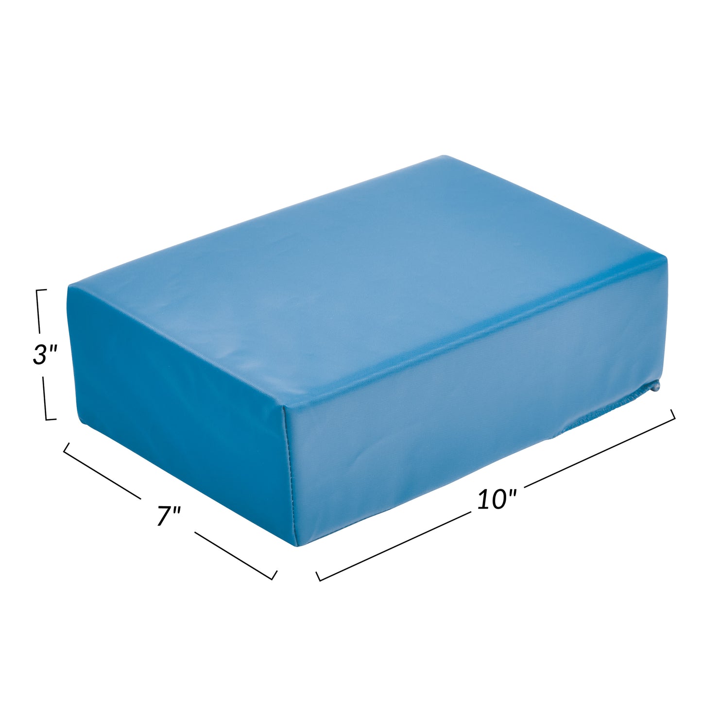 Blue AliMed Vinyl-Covered Small Rectangle Positioner with dimensions: 10\" length, 7\" width, 3\" height, designed for medical use.