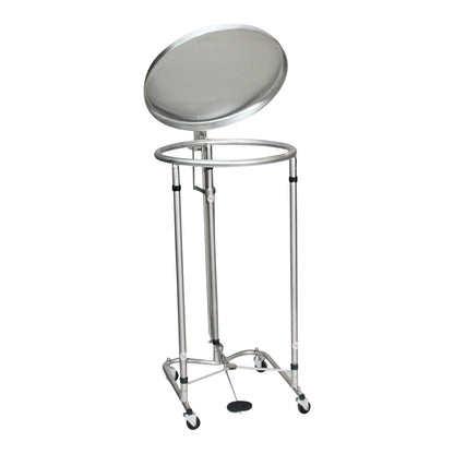 The image displays a Blickman Round Hamper with Lid, featuring a circular stainless steel frame on caster wheels with a pedal-operated lid.