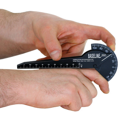 A person using a Baseline Digit Goniometer to measure wrist joint angles. The black device features a protractor and ruler.