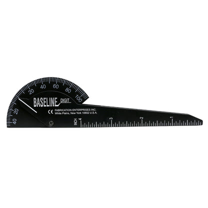 Baseline Digit Goniometer, a black measuring tool with a semicircular protractor scale and a ruler marked in inches.