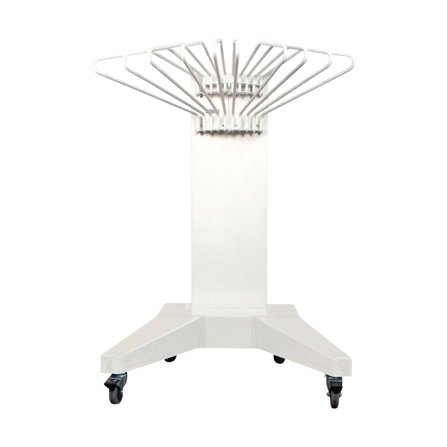 A Deluxe Mobile Apron Rack with a sturdy base, multiple hooks for aprons, and four caster wheels for easy mobility.