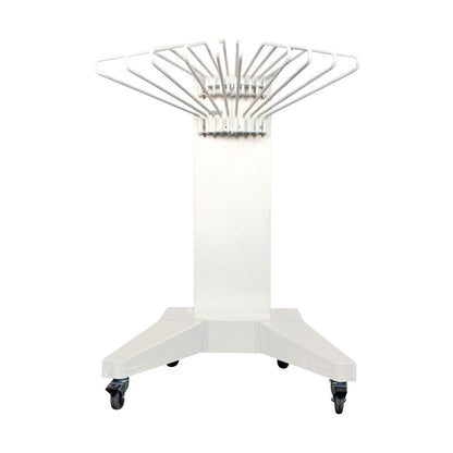 A Deluxe Mobile Apron Rack with a sturdy base, multiple hooks for aprons, and four caster wheels for easy mobility.