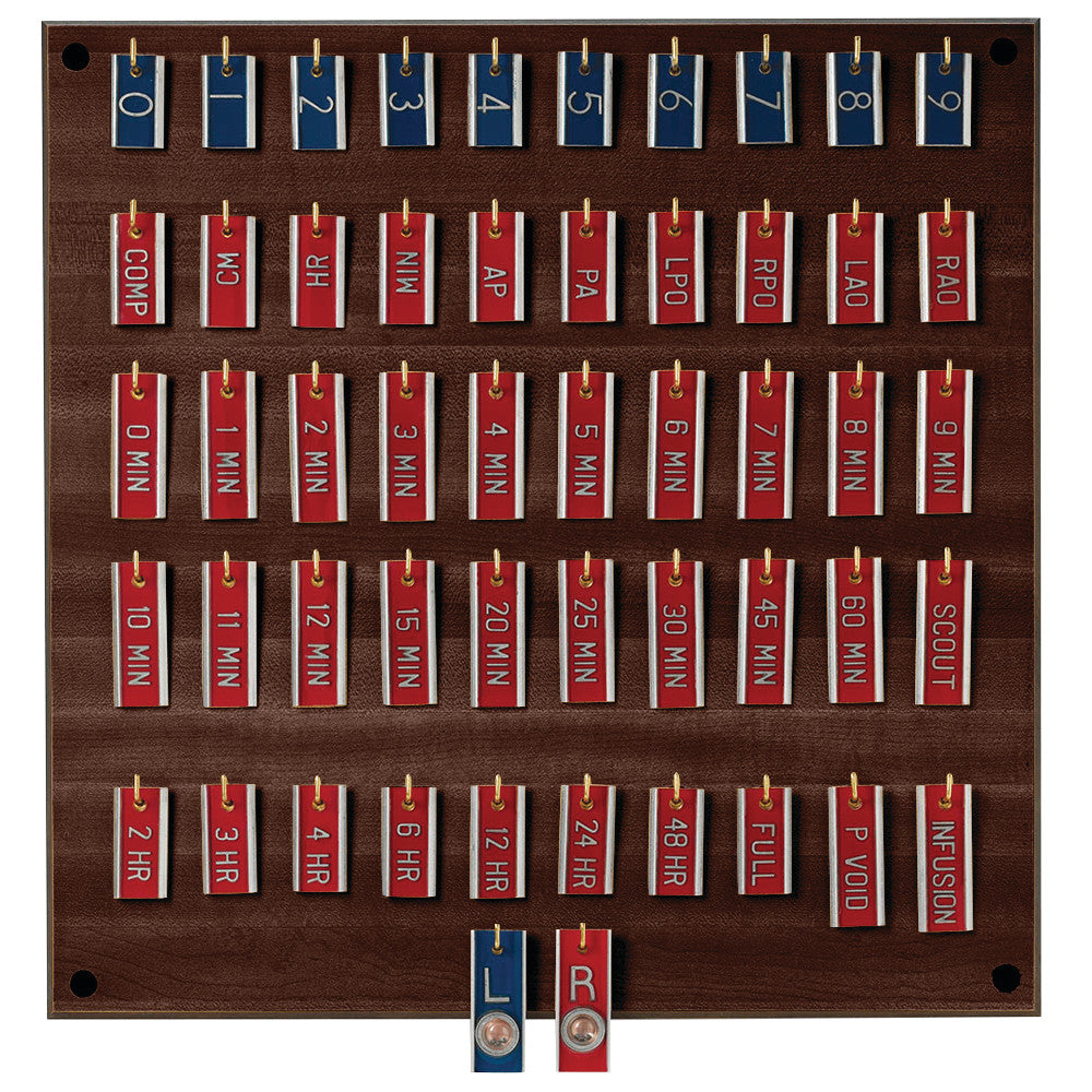IVP X-Ray Marker Set with numbered and labeled markers on a board, including time intervals and procedural indicators.