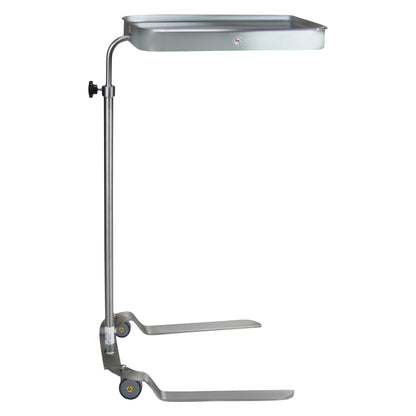 The Blickman MR-Conditional Newark Mayo Stand is a height-adjustable metal medical tray on a wheeled base with a U-shaped design.
