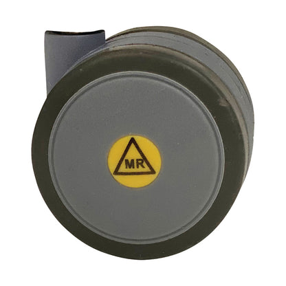 A Blickman MR-Conditional Newark Mayo Stand with a gray circular base and a yellow symbol marked "MR" on top.