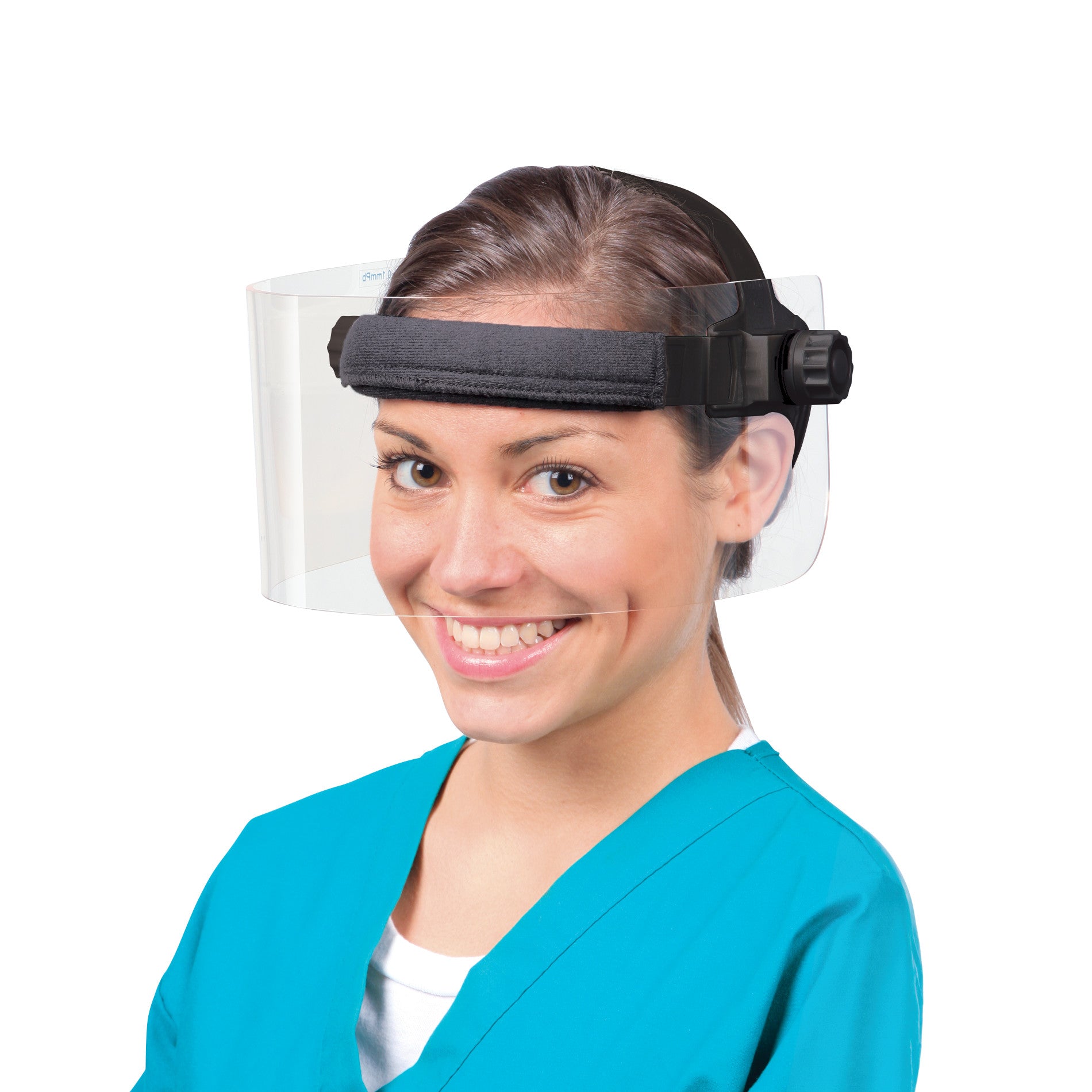 A person wearing a Universal Panoramic Face Shield with a blue scrub top. The shield has a transparent visor and black headband.