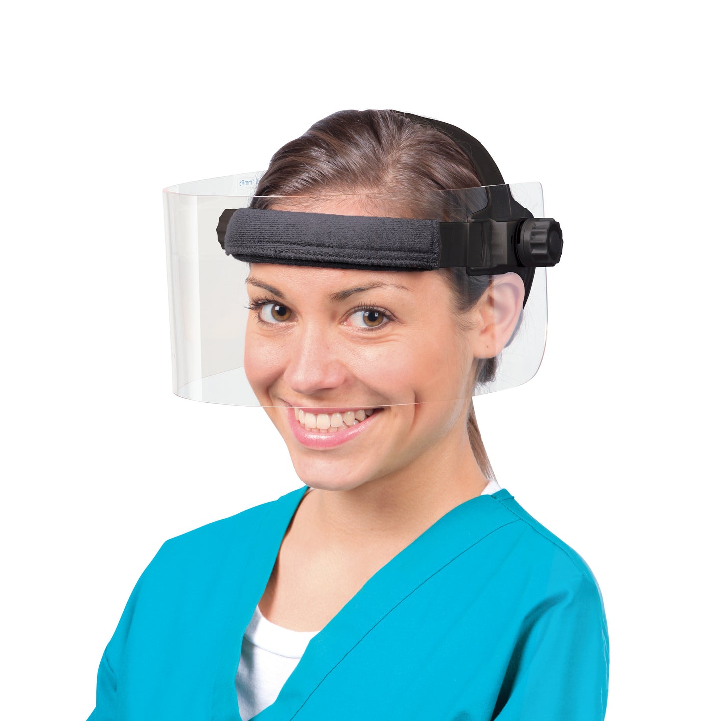 A person wearing a Universal Panoramic Face Shield with a blue scrub top. The shield has a transparent visor and black headband.