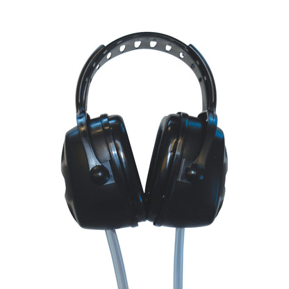 Noise Guard Headset features black ear muffs with a perforated adjustable headband designed for hearing protection.