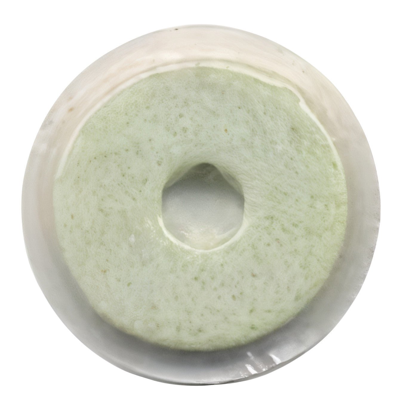 A multi-modality PET/nuclear medicine marker with a pale green sponge-like center and a circular transparent outer layer.