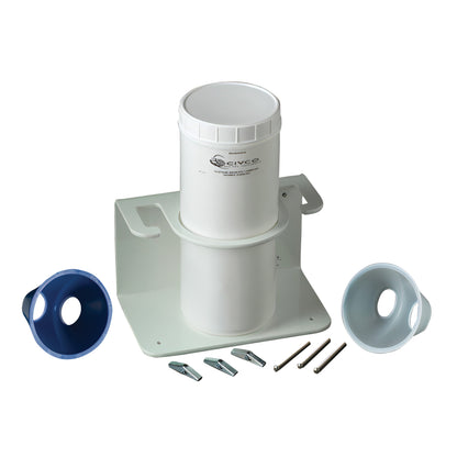 CIVCO Endocavity Transducer Soaking Cup Starter Kit with a white soaking cup, blue and gray funnel attachments, and mounting supplies.