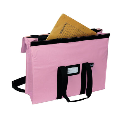 A pink Expandable X-Port X-Ray Portfolio with black handles holds a large envelope, featuring a label window on the front.