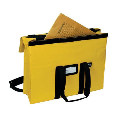 Yellow Expandable X-Port X-Ray Portfolio with black handles, holding a large brown envelope inside.
