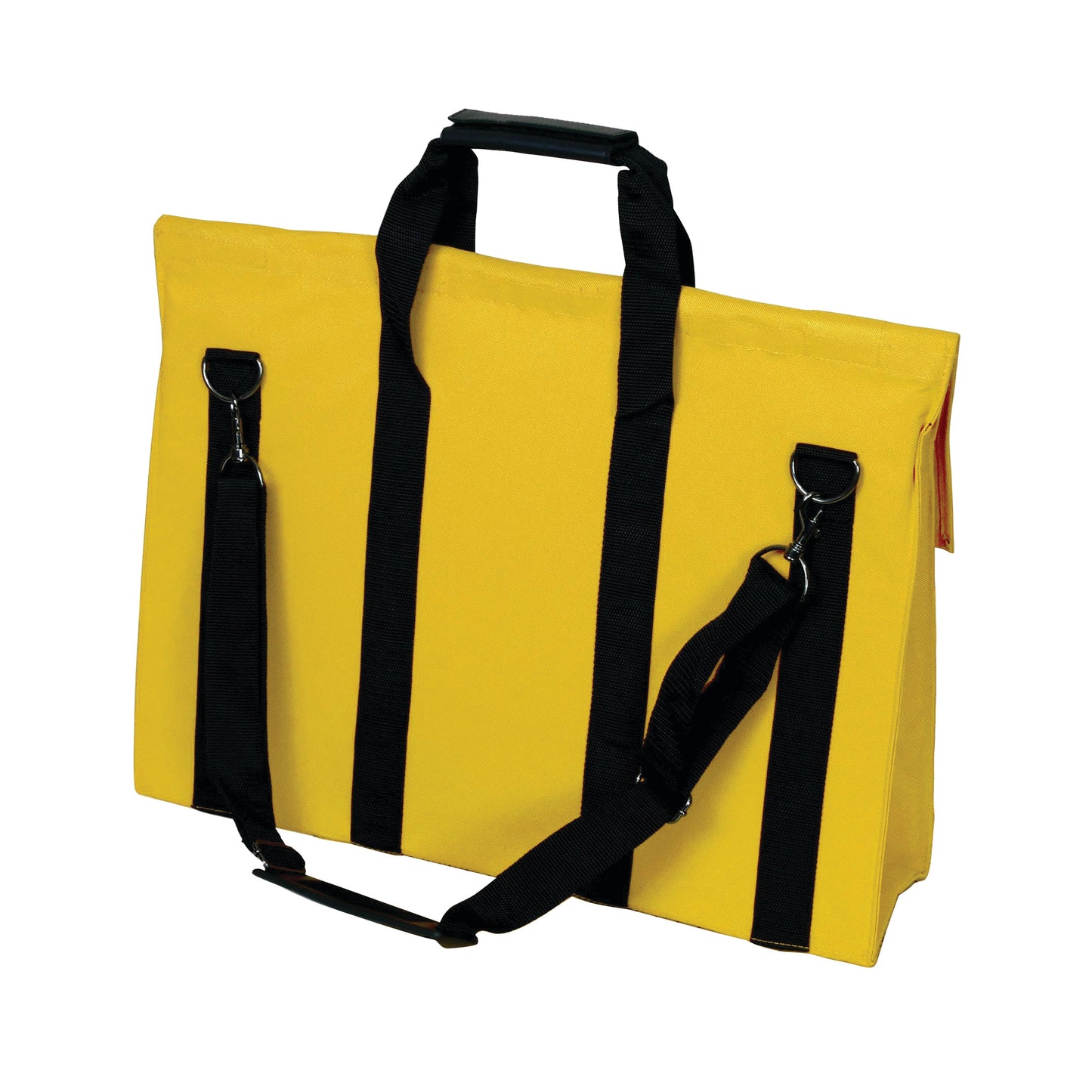 A yellow Expandable X-Port X-Ray Portfolio with black straps, handles, and metal clips for carrying.