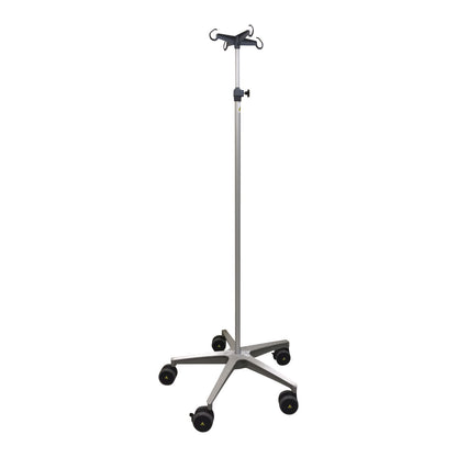A silver MR-Conditional IV Pole with four hooks and a five-wheel base for medical use.