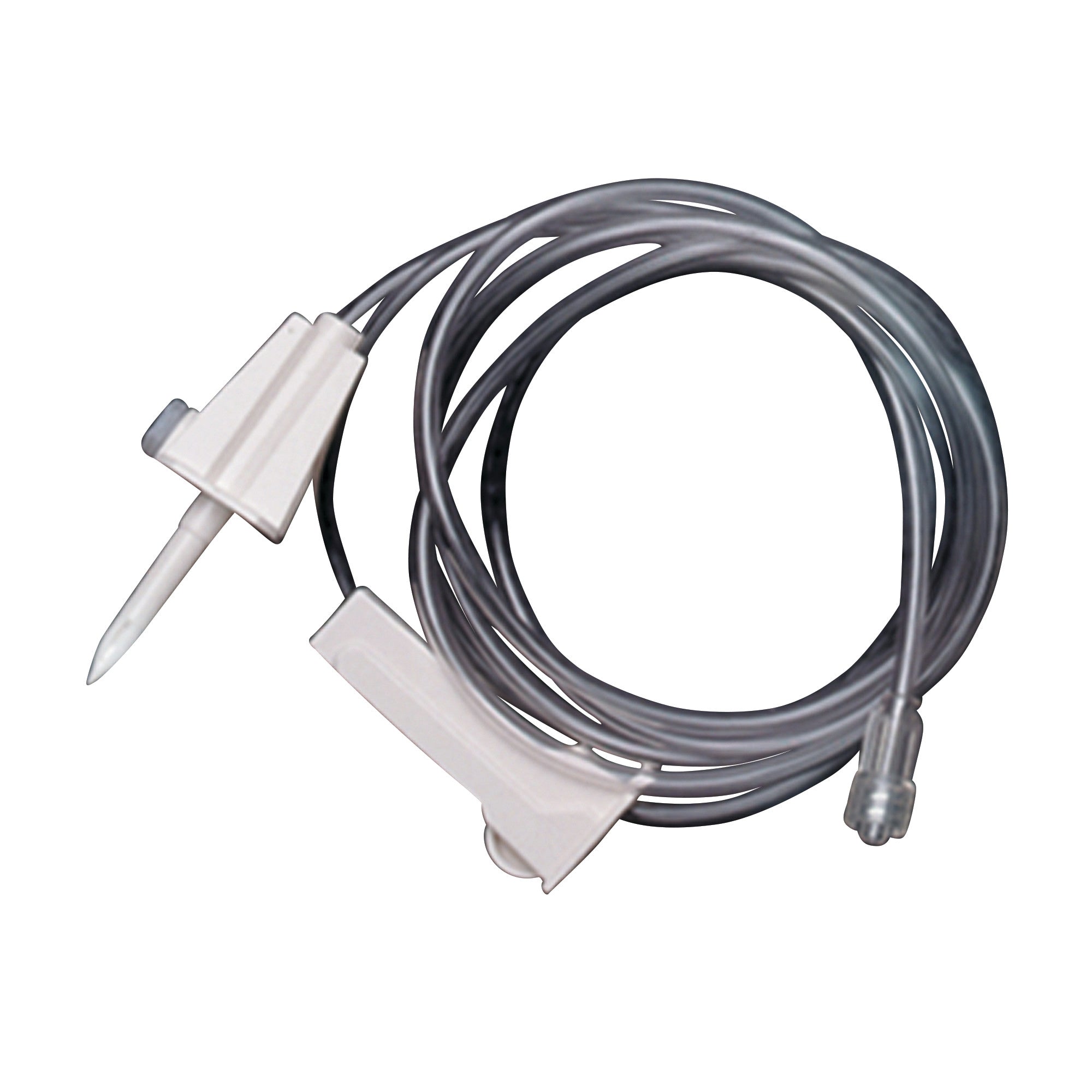 The DeRoyal Contrast Administration Set features a coiled tube with a spike and a clamp, designed for medical contrast delivery.