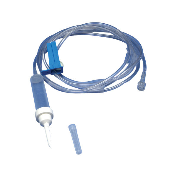 A DeRoyal Fluid Administration Set with a clear tube, a blue clamp, and a drip chamber is shown against a white background.