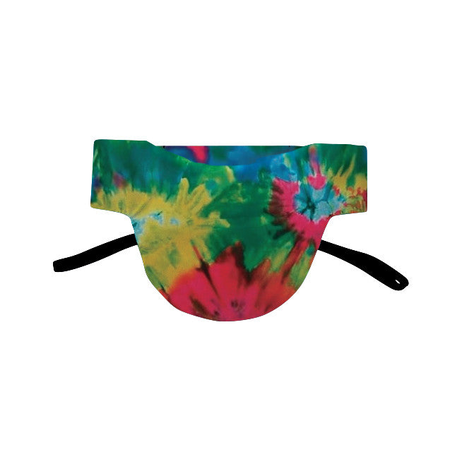 A Wolf Sof-T Thyroid Collar  with a colorful tie-dye pattern and black straps for fastening.