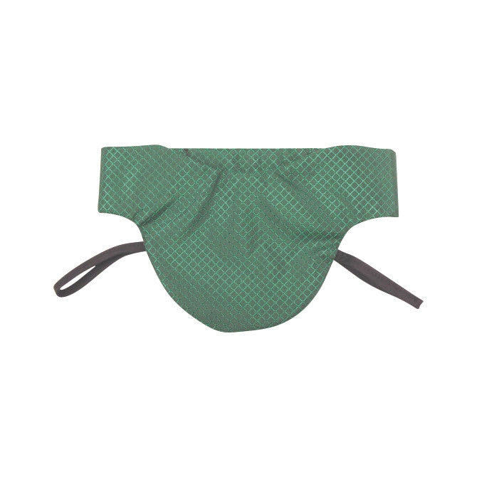 The Wolf Sof-T Thyroid Collar, Lightweight Lead, is green with a patterned design and black straps for securing around the neck.