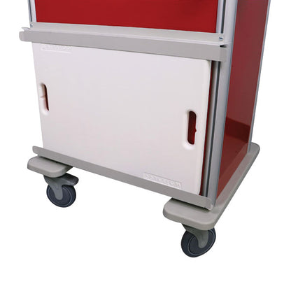 A Waterloo Healthcare Steel Medical Cart Accessory: Cardiac Board and Brackets attached to a cart with swivel wheels.