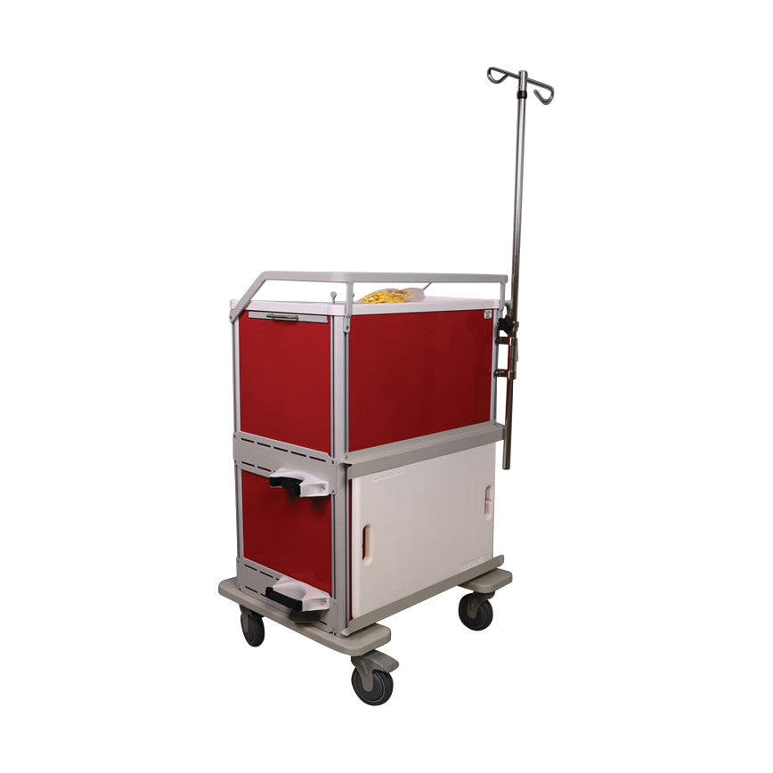 A medical cart  features the Waterloo Healthcare Steel Medical Cart Accessory: Cardiac Board and Brackets.