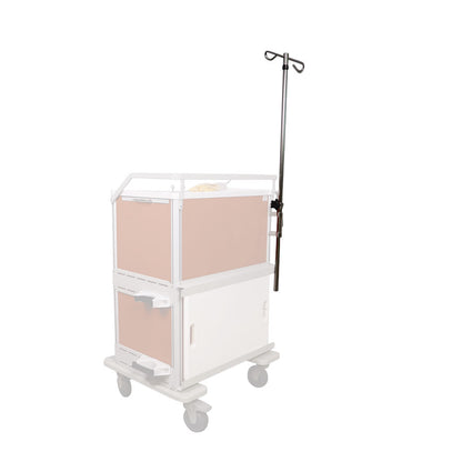 A Waterloo Healthcare Medical Cart Accessory: IV Pole and Bracket is attached to a medical cart with wheels and storage compartments.