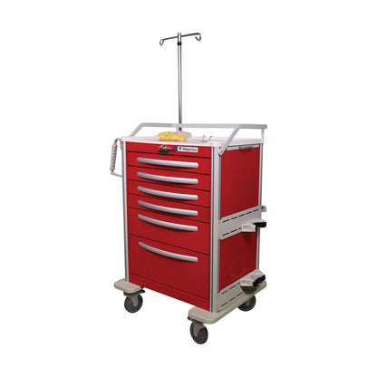 Red Waterloo Healthcare Medical Cart with five drawers, featuring an IV pole and bracket on wheels for mobility.