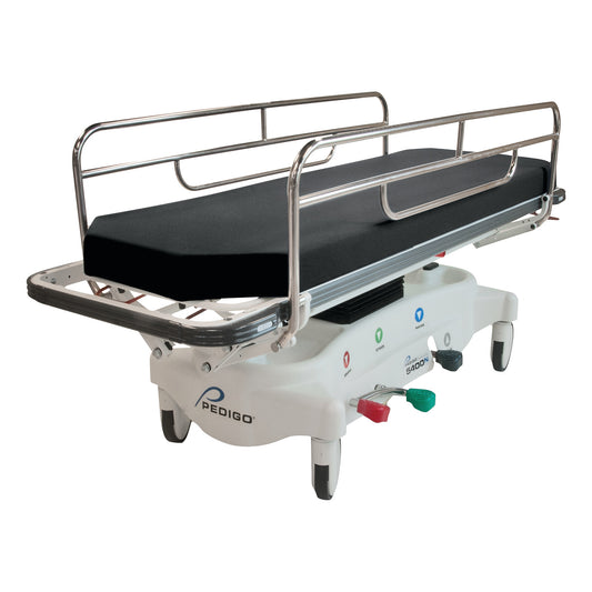 The Pedigo 5400N Universal Transport Stretcher features a black mattress, metal side rails, and a white base with control panels.