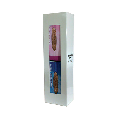 Bowman Clear PETG Space Saver Double Glove Box Dispenser, with slots for pink and blue examination glove boxes, in a sleek design.