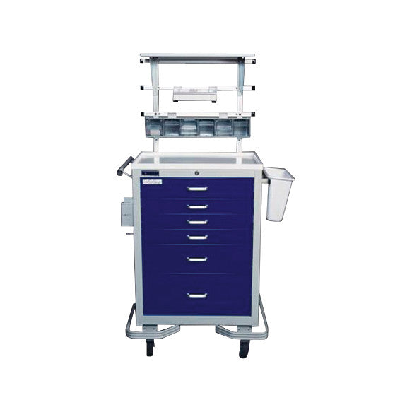 A Waterloo Healthcare Standard Accessory Package for Steel Anesthesia Medical Carts with multiple drawers and shelves on wheels.
