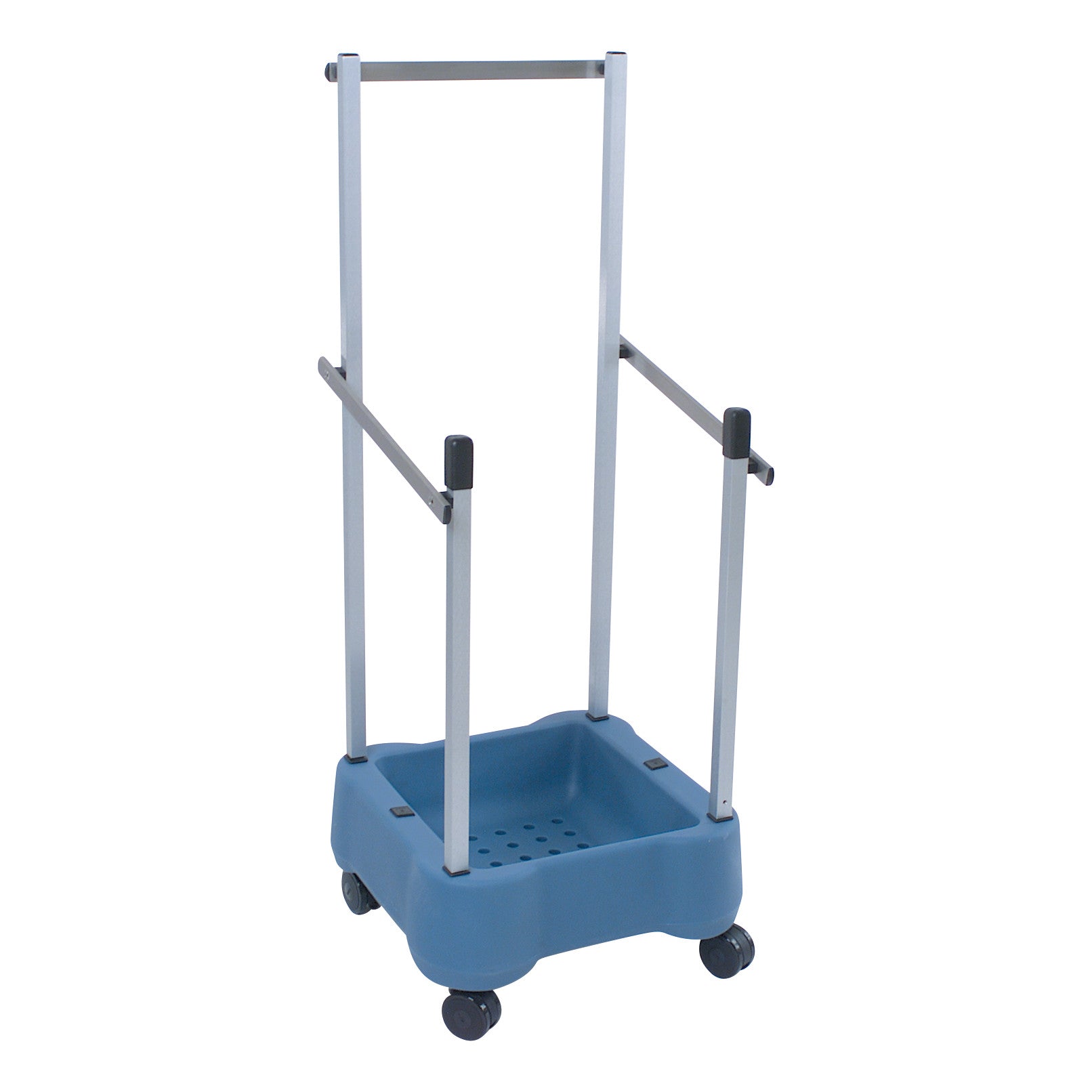 The Allen Shoulder Chair Cart is a blue and silver wheeled cart with an elevated handle, designed to transport shoulder chairs.